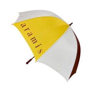 Vintage Aramis Large Rain Sun Colorblock Umbrella Wooden Handle Spell Out Logo